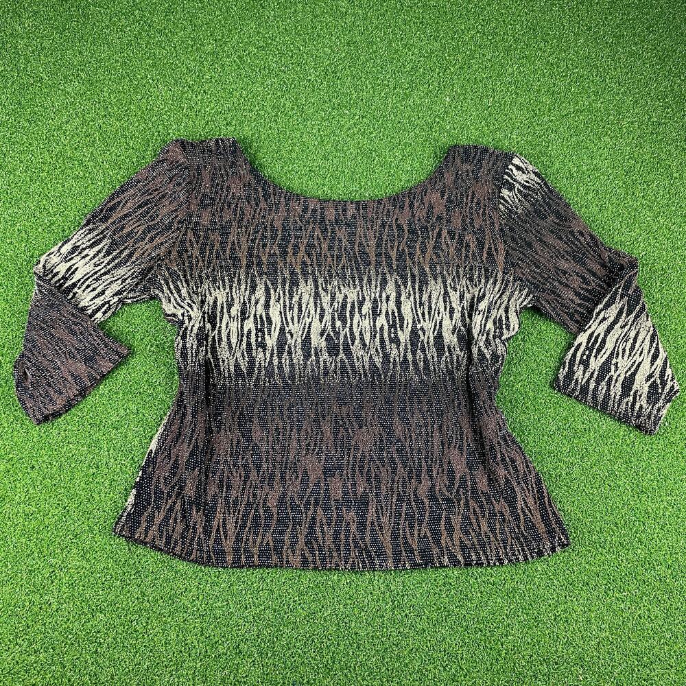 Vintage Jonden Brown Black Textured 3/4 Sleeve Pullover Blouse Sz L